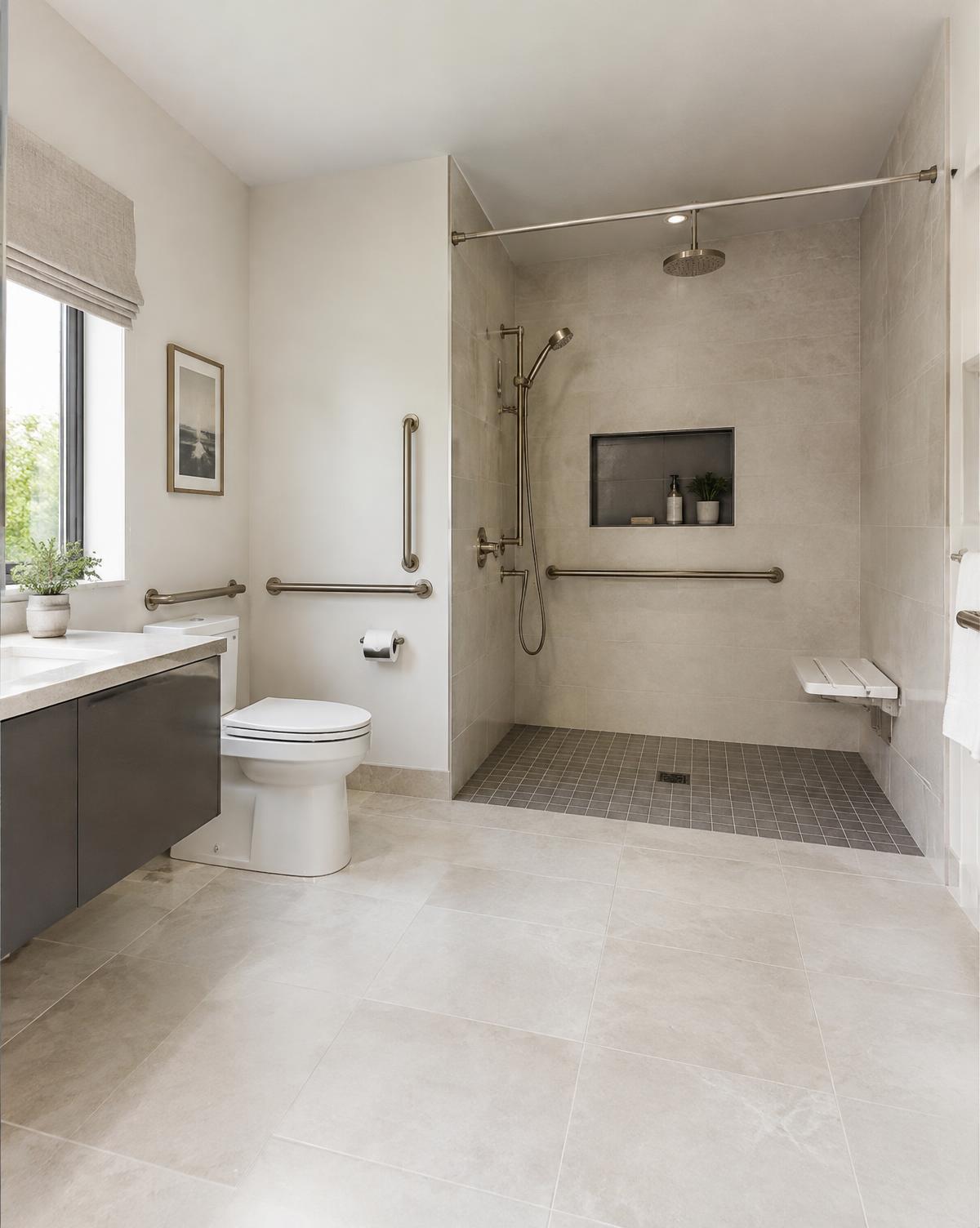 Accessible bathroom with curbless shower